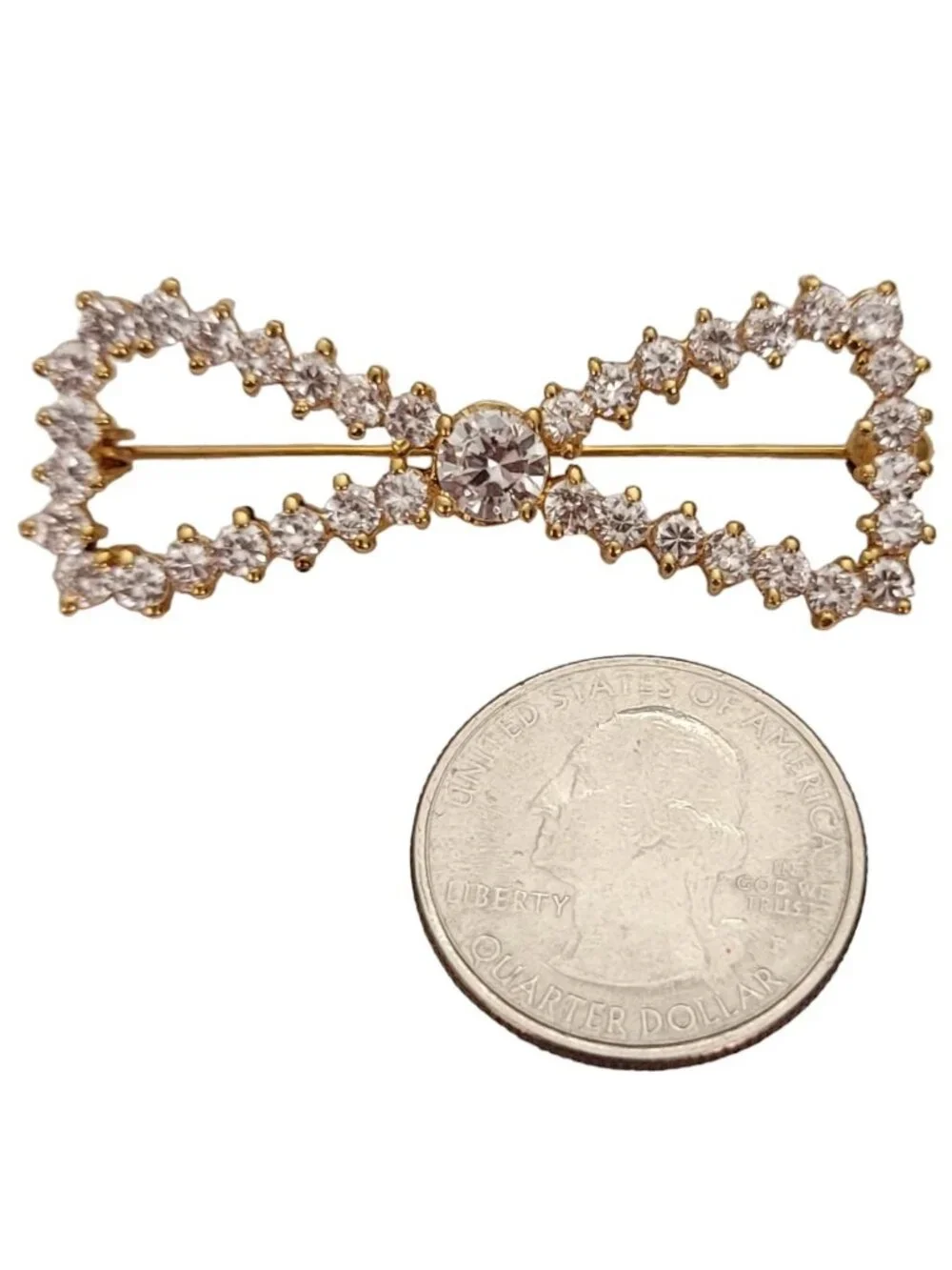 Sterling Silver Gold Vermeil Clear Crystal Rhinestone Bow Brooch Pin E244
